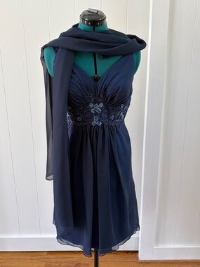 Navy Embroidered Chiffon Evening Dress with Shawl